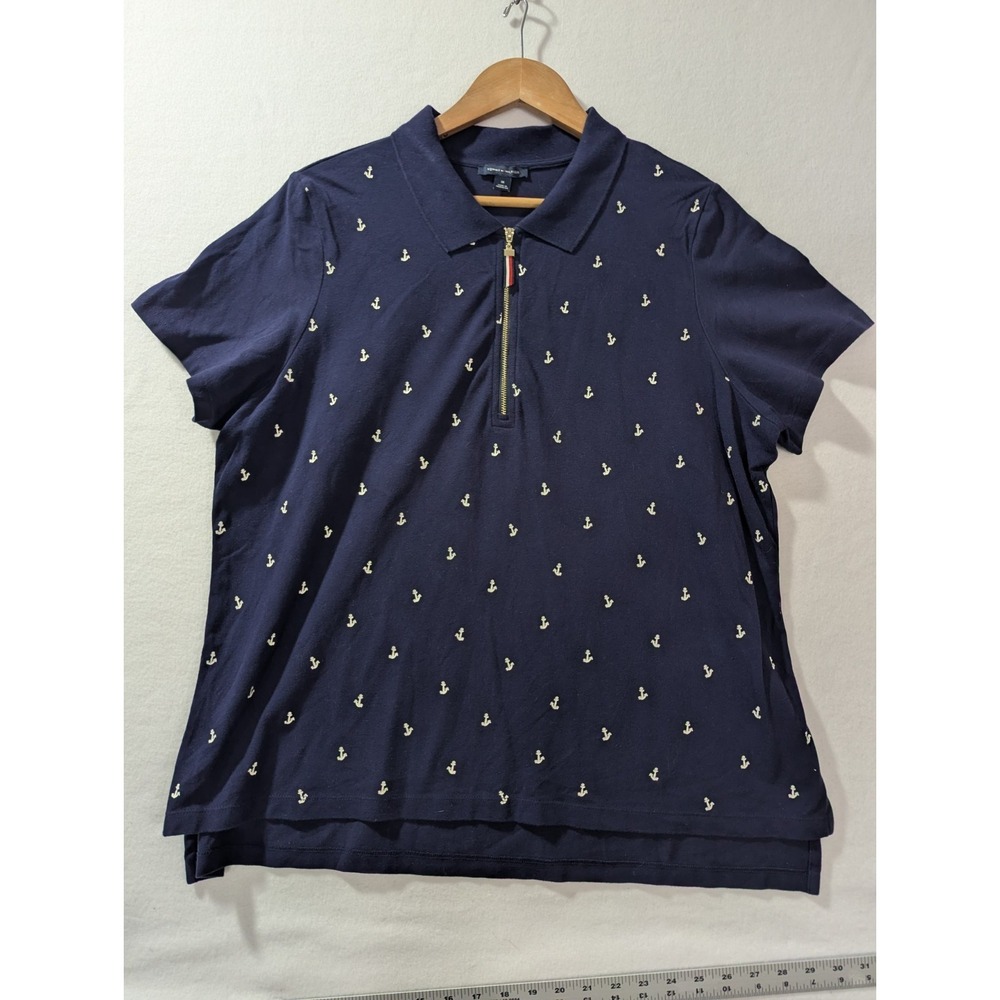 Tommy Hilfiger Anchor Print Zip Polo Shirt Women's Size 9 (IX) Navy Blue
